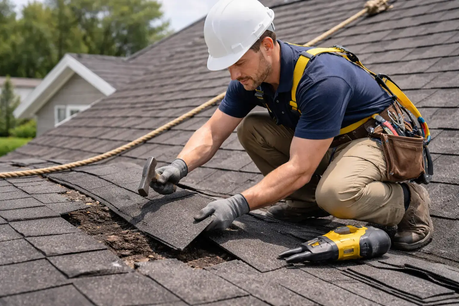 Worker in a white hard hat kneels on a shingled roof, hammering loose shingles while wearing gloves and a tool belt with a drill nearby.
