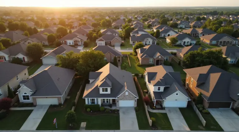 Aerial view of a suburban neighborhood at sunset, with rows of houses and green lawns.