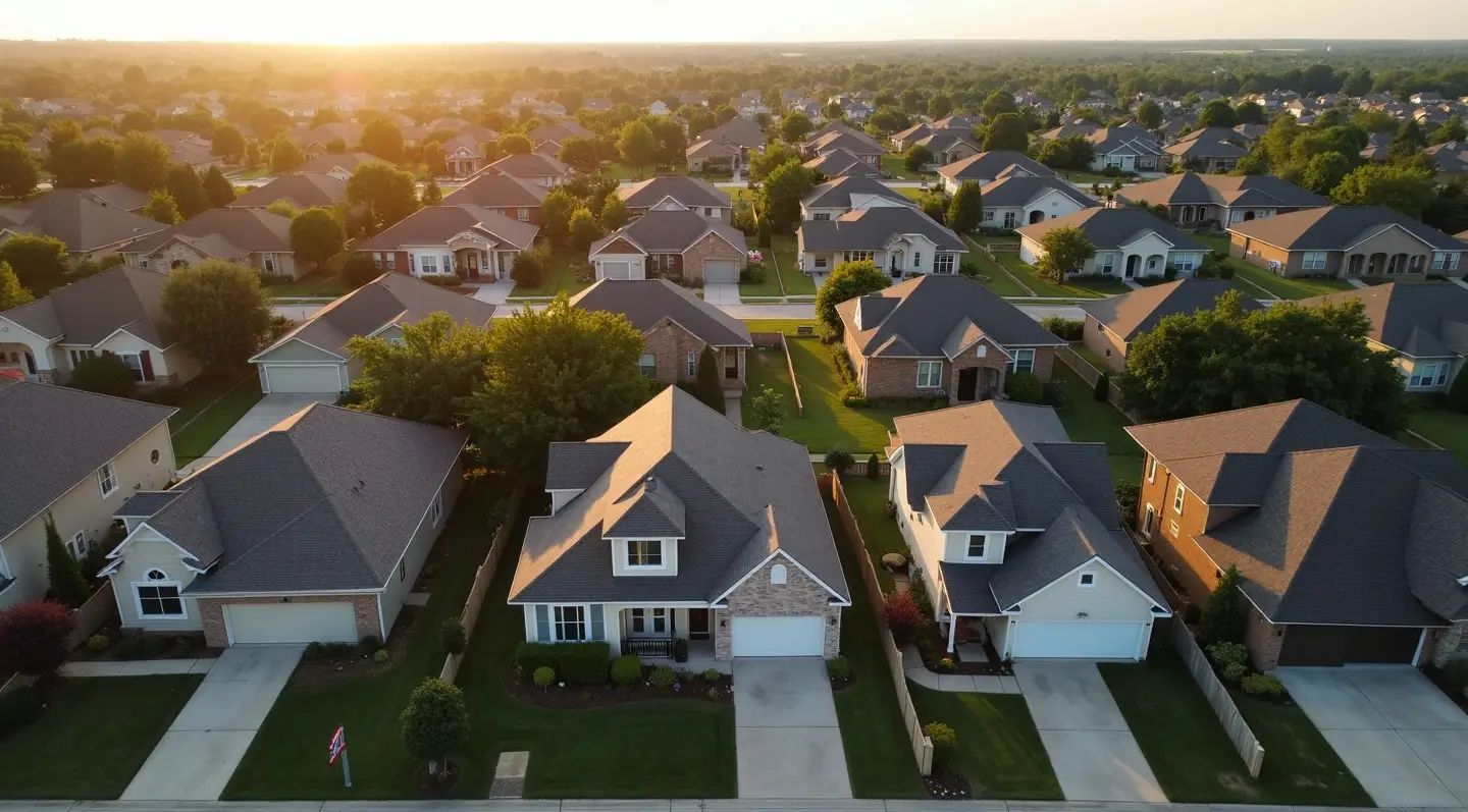 Aerial view of a suburban neighborhood at sunset, with rows of houses and green lawns.