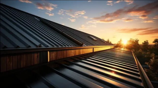 Close-up view of a metal roof at sunset, with warm orange light glinting off the panels.
