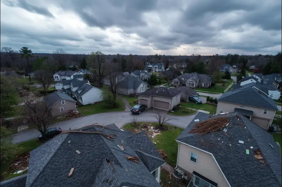 Aerial view of a suburban neighborhood after a storm: fallen branches and debris on rooftops and lawns under a dark, cloudy sky.