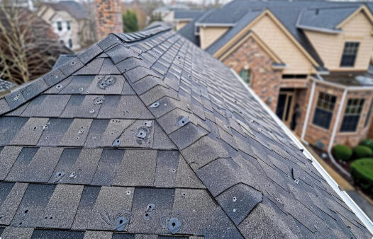 Hail damage on a roof can look different from one home to another. During an inspection, a roofing professional may look for: Bruised shingles: Soft or spongy areas that may indicate impact beneath the shingle surface. Impact-related granule loss: Localized areas where hail knocked granules loose. Cracked or split shingles: Visible breaks that may affect the roof’s ability to shed water. Dented flashing or vents: Metal components that can provide useful storm context. Interior changes: New ceiling stains, damp insulation, or water entering the home after a storm. Do not climb onto your roof to check for these signs. It is safer to inspect what you can see from the ground and schedule a professional inspection.
